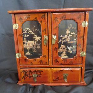 Vintage Asian Chinese Lacquered Wood Jewelry Box Cabinet With Doors and Drawer